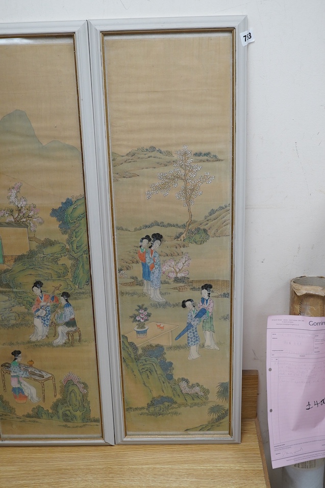 Chinese School, pair of watercolours on silk, Females before landscapes, 80 x 21cm. Condition - fair, some discolouration